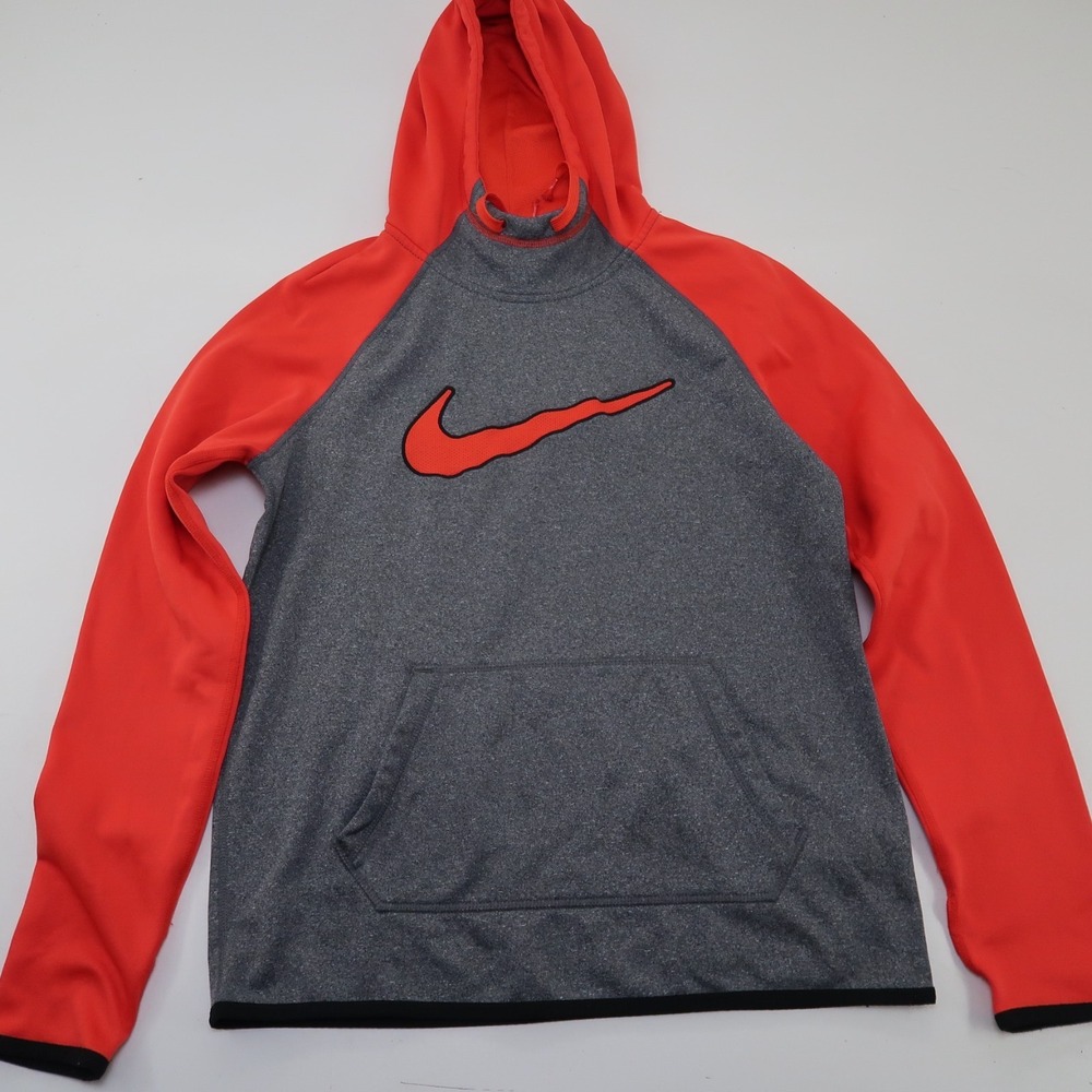 Nike Therma-Fit Gray Red Pullover Hoodie Size Youth Small Sweatshirt‎ Swoosh